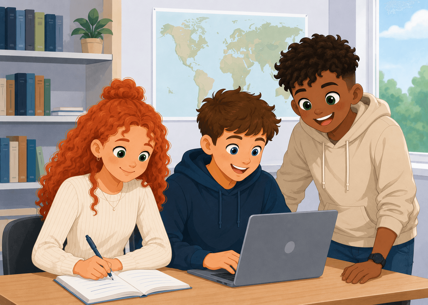 Drie leerlingen uit het secundair onderwijs die samen leren