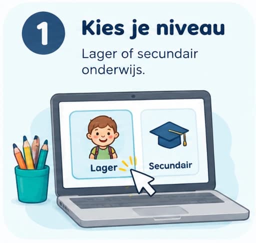 Stap 1: Kies je niveau. Lager of secundair onderwijs.