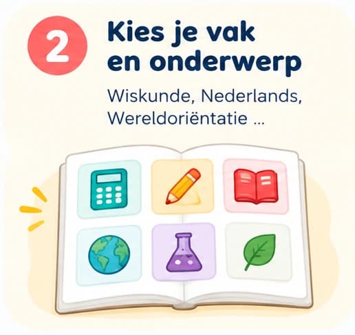 Stap 2: Kies je vak en onderwerp. Wiskunde, Nederlands, Wereldoriëntatie …